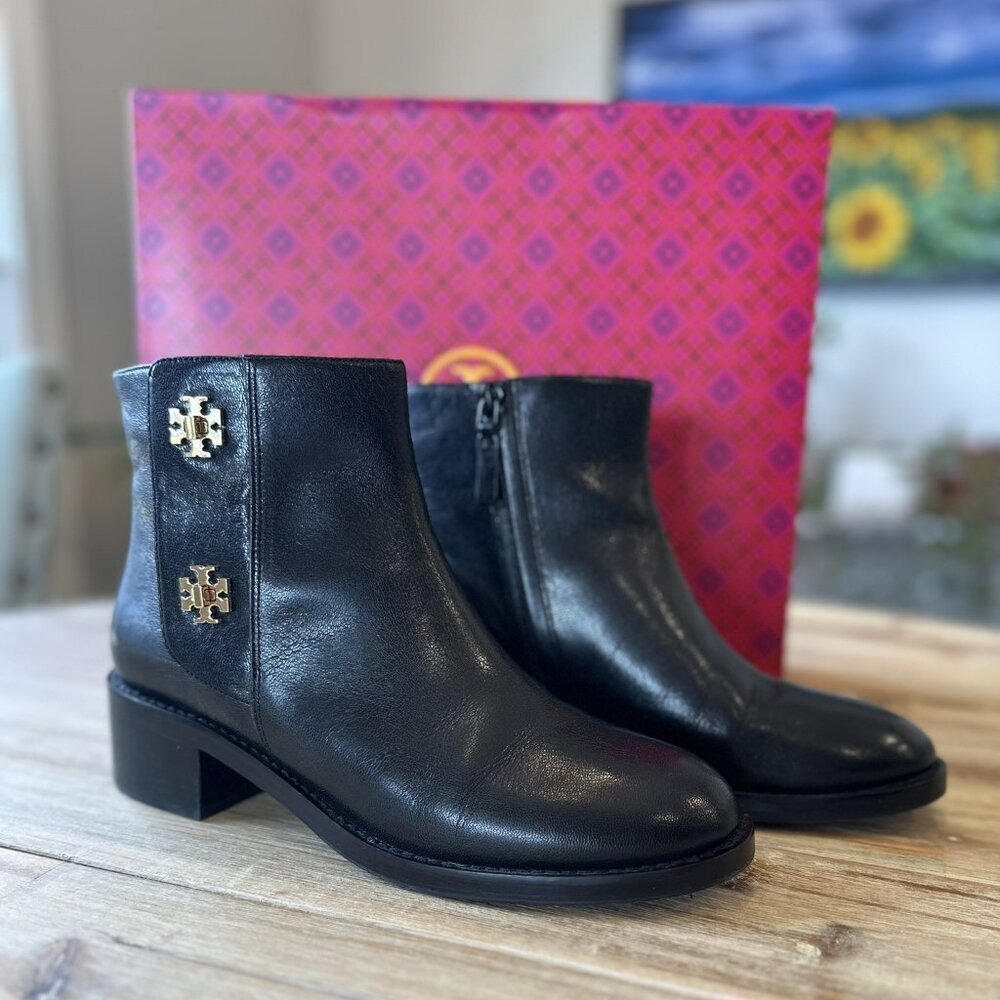 Tory Burch Turnlock Ankle Book, Black Goat Leather, 9.5